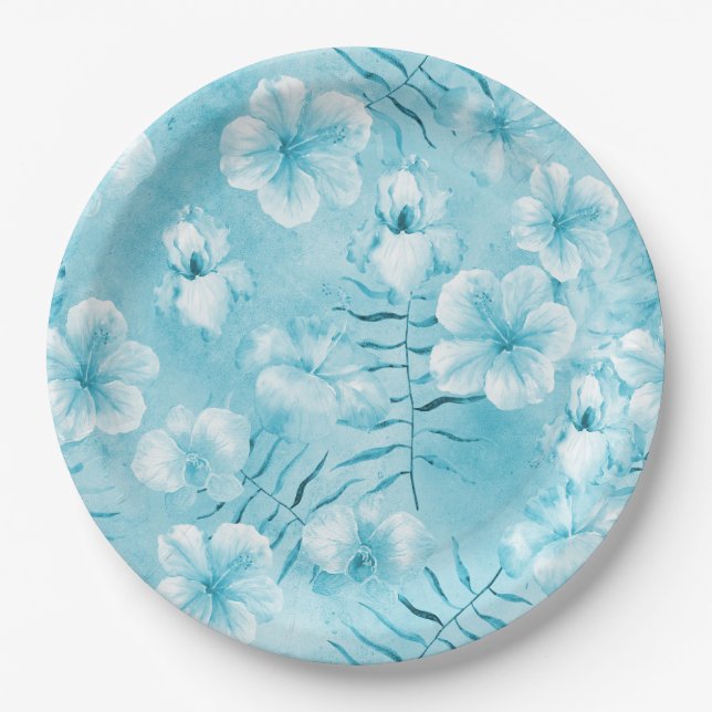 Tropical Aqua White Orchids Hibiscus Floral Paper Plate (Front)