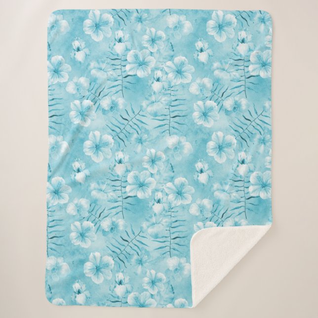 Tropical Aqua White Orchids Hibiscus Floral Sherpa Blanket (Front)