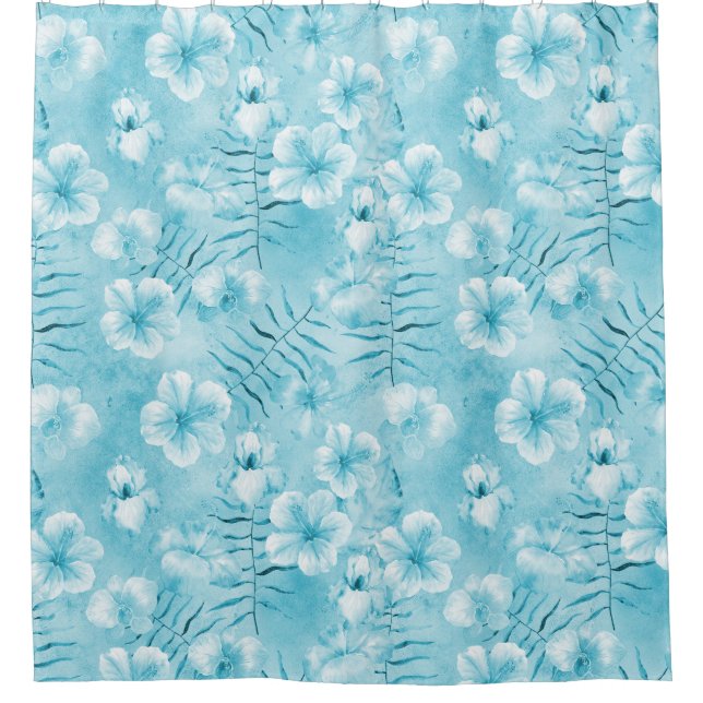 Tropical Aqua White Orchids Hibiscus Floral Shower Curtain (Front)