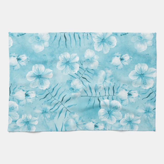 Tropical Aqua White Orchids Hibiscus Floral Tea Towel (Horizontal)