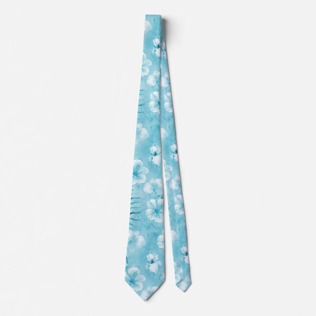 Tropical Aqua White Orchids Hibiscus Floral Tie (Front)