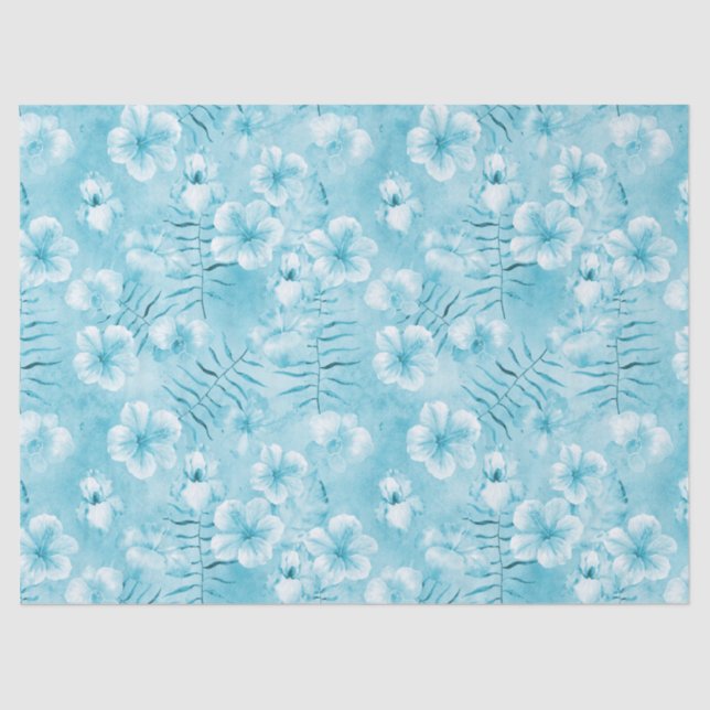 Tropical Aqua White Orchids Hibiscus Floral Tissue Paper (Front)
