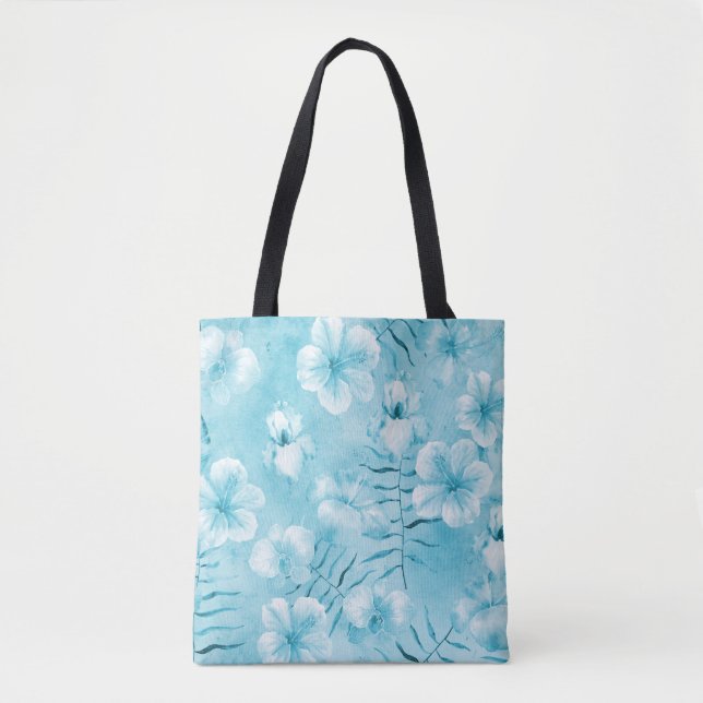 Tropical Aqua White Orchids Hibiscus Floral Tote Bag (Front)