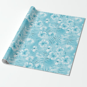 Tropical Aqua White Orchids Hibiscus Floral Wrapping Paper