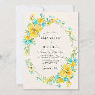 Tropical Aqua Yellow Wildflower Wedding Invitation