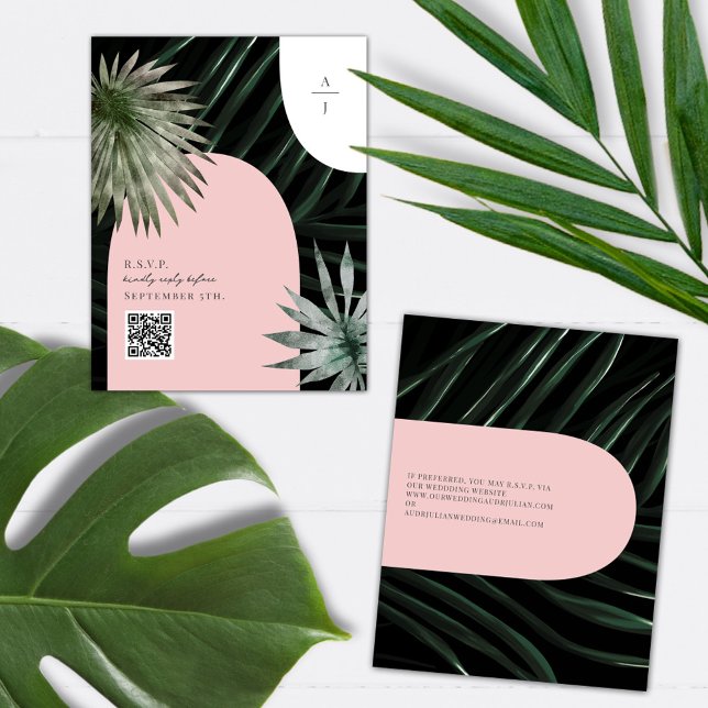 Tropical Arches Palm Leaf Monogram Wedding RSVP Enclosure Card (Creator Uploaded)
