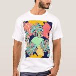 Tropical Artwork: Multicolored Monstera Design T-Shirt<br><div class="desc">Pattern design of a tropical artwork,  with multicolored monstera leaves and fun mosaic background
Multicolored monstera leaves in a tropical artwork.
Tropical mosaic with monstera leaves in blue.
pattern,  flower,  floral,  vintage,  colourful,  illustration,  foliage,  background,  abstract,  texture,  decor,  watercolor,  beach,  summer,  fashion,  nature,  spring,  leaf,  garden,  line</div>