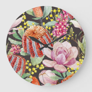 Tropical Australian plants, watercolor pattern. Large Clock