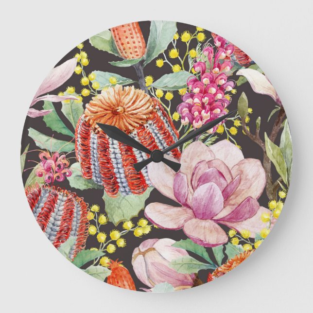 Tropical Australian plants, watercolor pattern. Large Clock (Front)