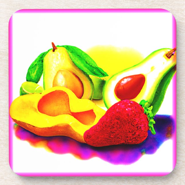 Tropical Avocado, Strawberry, and Mango. Buy Now Coaster (Front)
