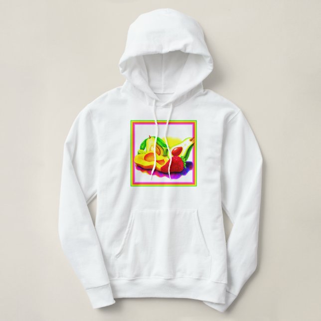Tropical Avocado, Strawberry, and Mango. Buy Now Hoodie (Design Front)