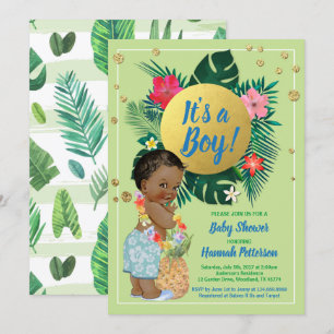 Tropical baby boy couples shower green gold invitation
