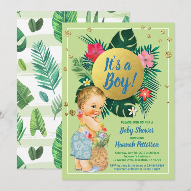 Tropical baby boy couples shower green gold invitation (Front/Back)