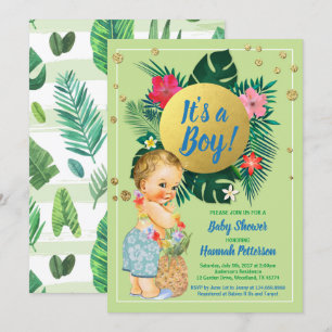 Tropical baby boy couples shower green gold invitation