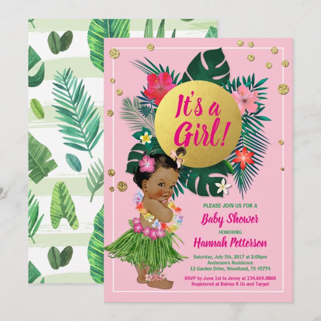Tropical baby girl couples shower pink gold invitation (Front/Back)