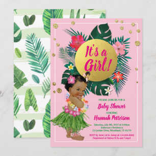 Tropical baby girl couples shower pink gold invitation