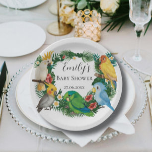 Tropical baby Parrots exotic Greenery Baby Shower Paper Plate