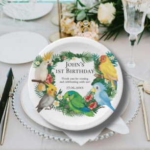 Tropical baby Parrots Wild Exotic Green Birthday Paper Plate