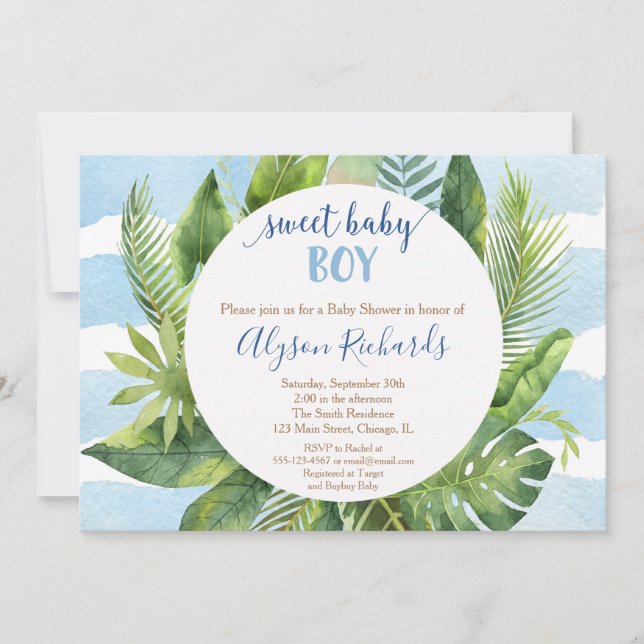 Tropical baby shower boy, sweet baby boy greenery invitation (Front)