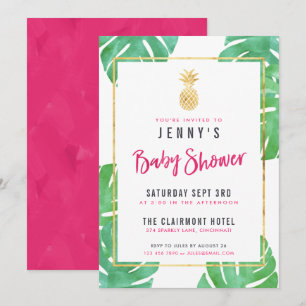 Tropical Baby Shower Pink & Gold Pineapple Invitation