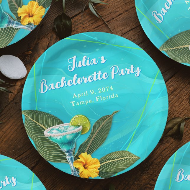 Tropical Bachelorette Party Blue Waves Paper Plate (Creator Uploaded)