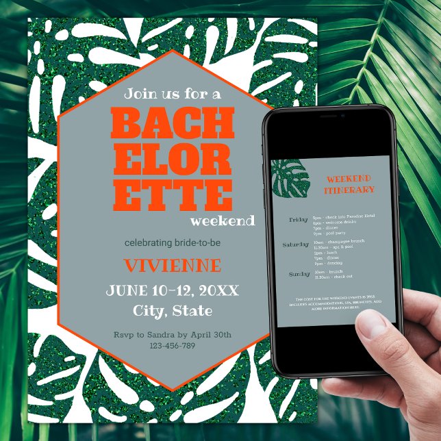 Tropical Bachelorette Party Glitter Monstera Invitation (tropical bachelorette party invitations glitter mostera green and orange bachelorette tropical)
