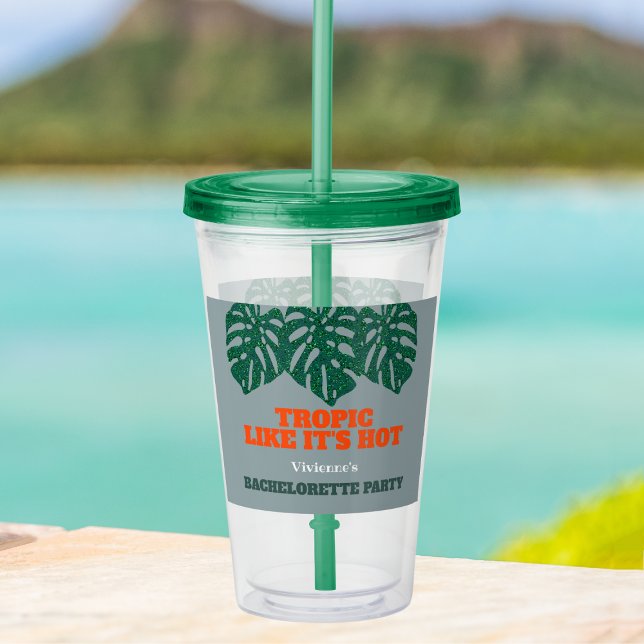 Tropical Bachelorette Party Monstera Welcome Acrylic Tumbler (tropic like it's hot tropical bachelorette party tumbler with green glitter monstera leaves)
