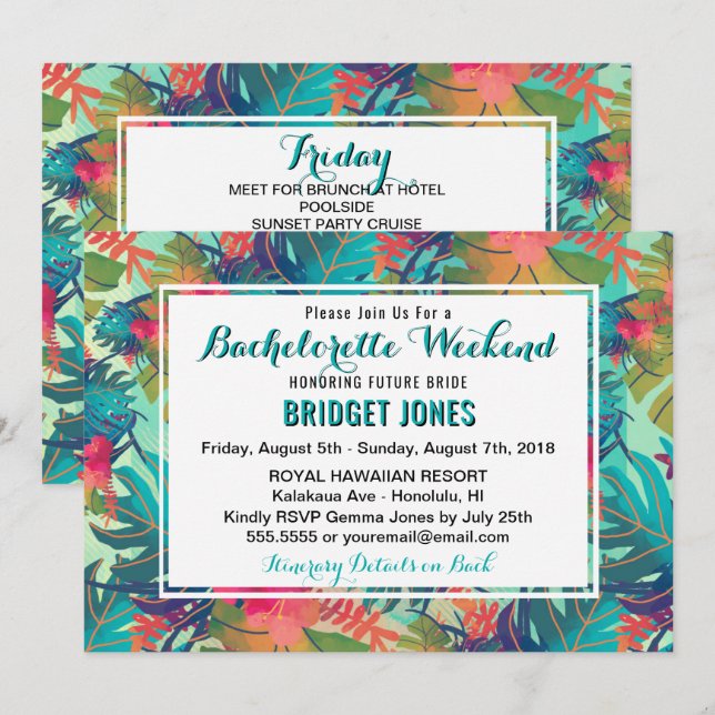 Tropical Bachelorette Weekend Schedule Invitation (Front/Back)