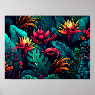 Tropical background with exotic flowers and leaves poster
