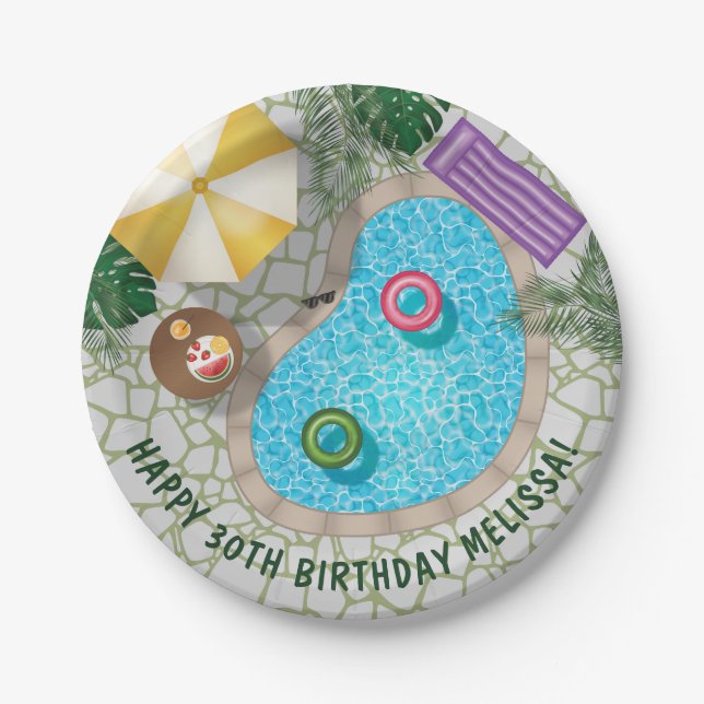 Tropical Backyard Pool Summer Pool Birthday Party Paper Plate (Front)