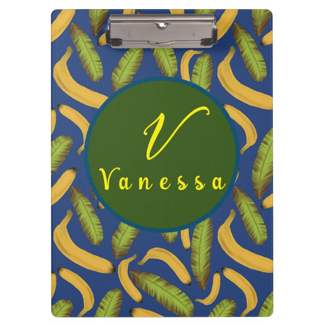 Tropical Banana Blue Leaf Monogram Script Clipboard (Front)