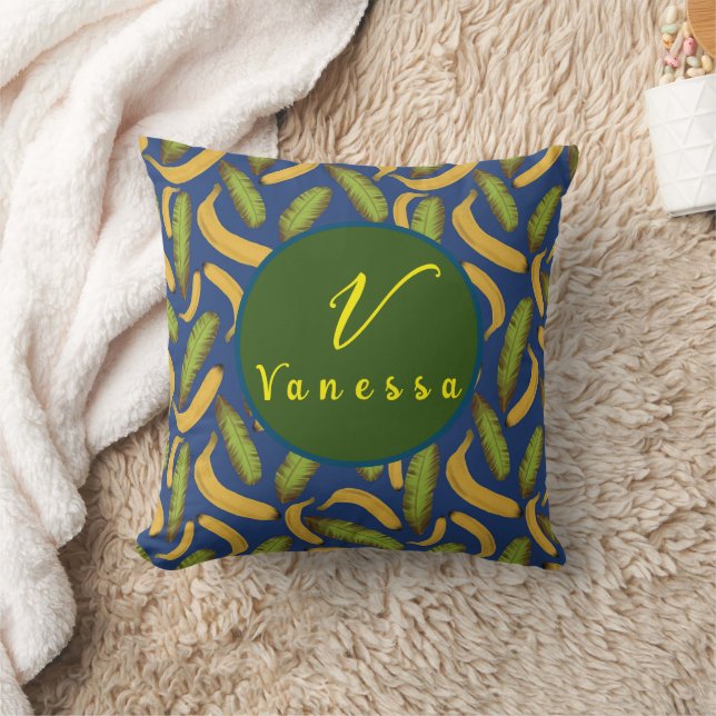 Tropical Banana Blue Leaf Monogram Script   Cushion (Blanket)