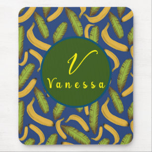 Tropical Banana Blue Leaf Monogram Script  Mouse Mat
