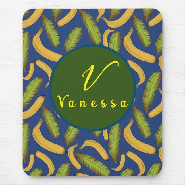 Tropical Banana Blue Leaf Monogram Script  Mouse Mat (Front)