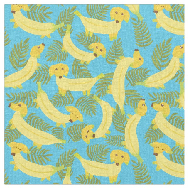 Tropical Banana Dogs Cute Patterned Fabric (Close Up)
