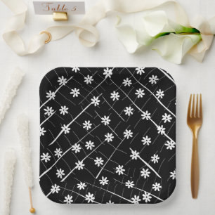 tropical banana leaf and flowers black botanical paper plate