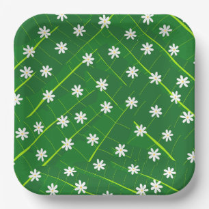 tropical banana leaf and flowers green botanical paper plate