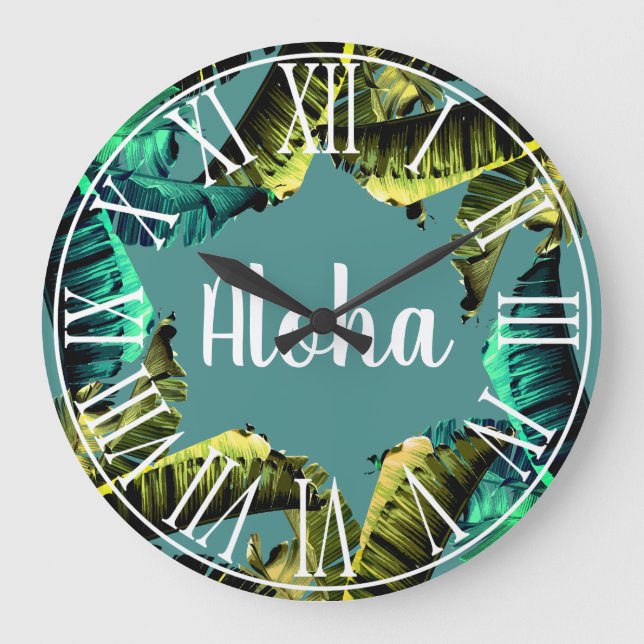 Tropical Banana Leaves Aloha Large Clock (Front)