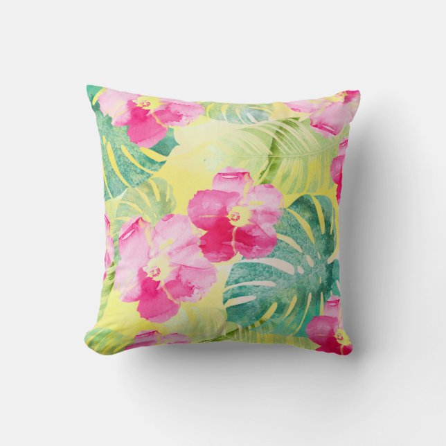 Tropical Banana Leaves and Hibiscus Flowers Cushion (Front)