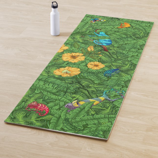 Tropical Banana Leaves Chameleons Hibiscus Flowers Yoga Mat (In Situ)