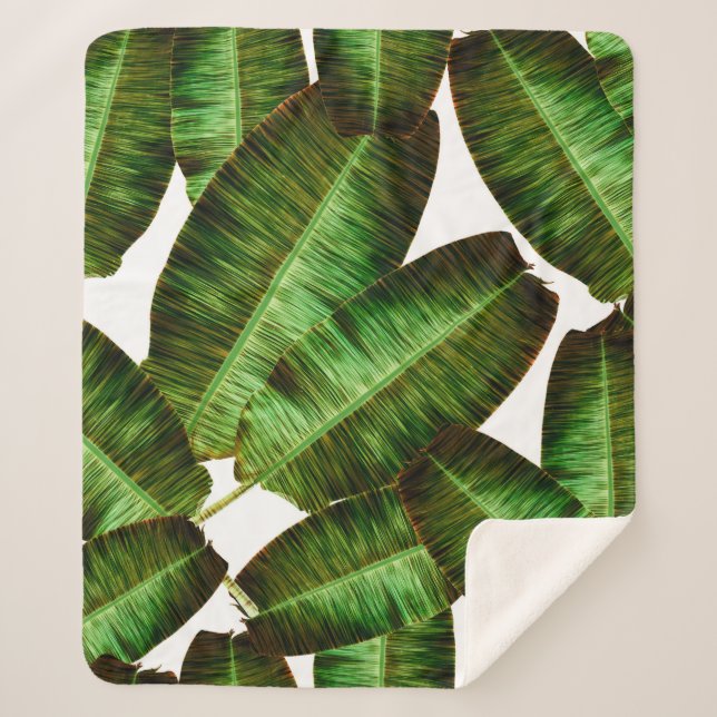 Tropical banana leaves, jungle leaf seamless flora sherpa blanket (Front)