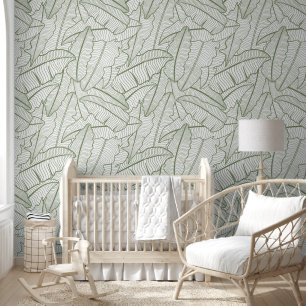 Tropical Banana Leaves Line Art Sage Green Wallpaper