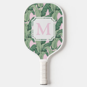 Tropical Banana Leaves Monogram   Stripes Pickleball Paddle
