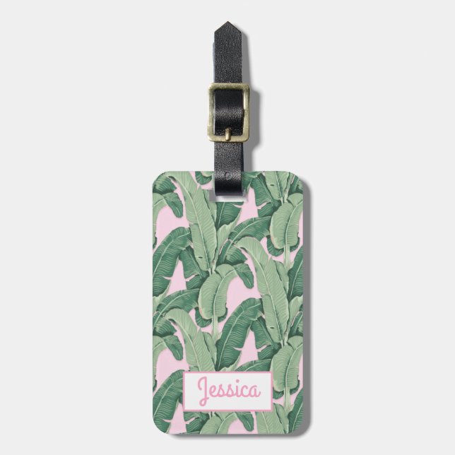 Tropical Banana Leaves on Pink Luggage Tag (Front Vertical)