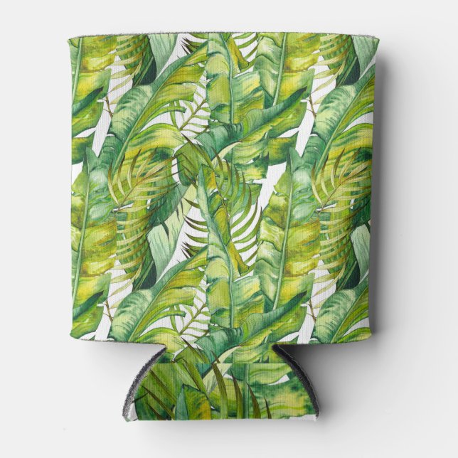 Tropical Banana Leaves Watercolor Pattern Can Cooler (Front)