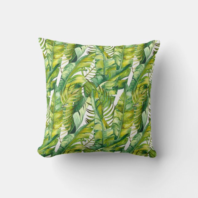 Tropical Banana Leaves Watercolor Pattern Cushion (Front)
