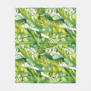 Tropical Banana Leaves Watercolor Pattern Fleece Blanket