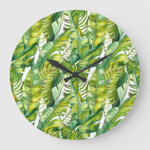 Tropical Banana Leaves Watercolor Pattern Large Clock