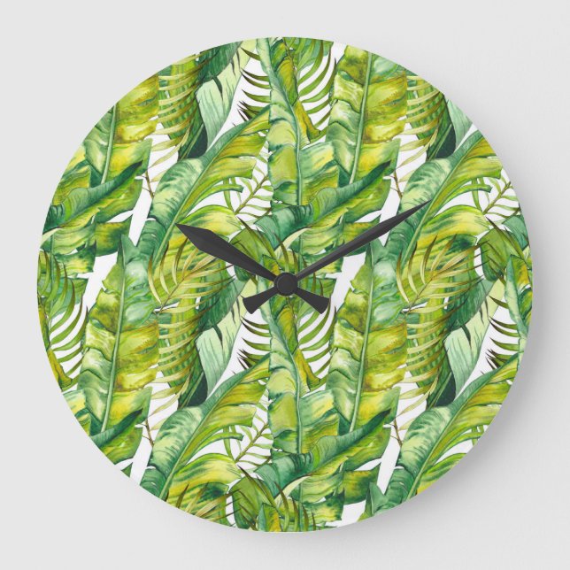 Tropical Banana Leaves Watercolor Pattern Large Clock (Front)