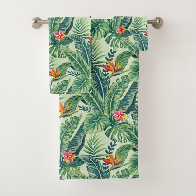 Tropical Banana Monstera Palm Leaves & Flowers Bath Towel Set (Insitu)